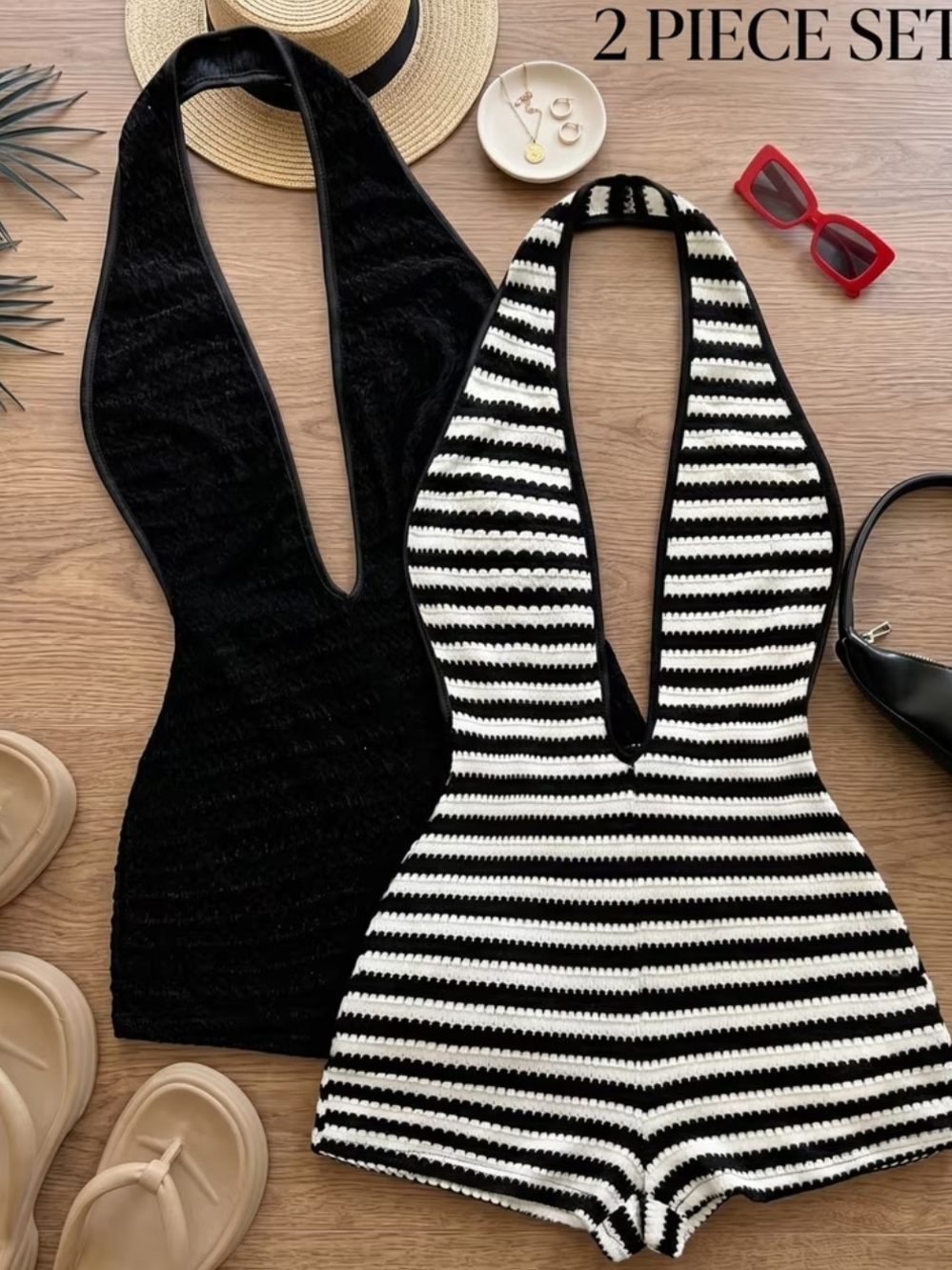 2 Women's Striped Black & White Halter One-Piece Rompers